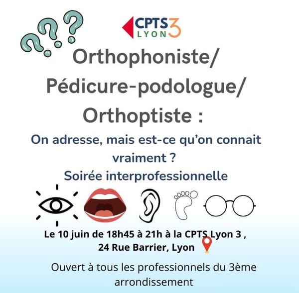 Affiche de la soirée reprenant les éléments du texte. Illustrations: œil, bouche et langue, oreille, pied, lunettes.
