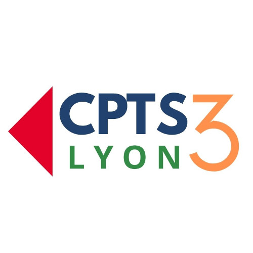 Logo de la CPTS Lyon 3ème: triangle rouge, CPTS en bleu, Lyon en vert et le chiffre 3 en orange.